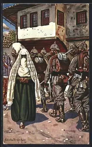 Künstler-AK Mitrowitza, Deutsche Truppen ziehen durch Stadt