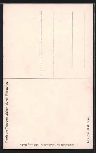 Künstler-AK Mitrowitza, Deutsche Truppen ziehen durch Stadt