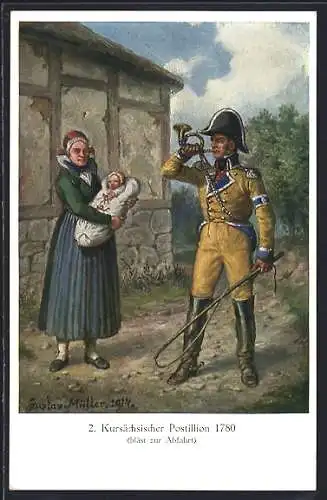 AK Sächsische Post, Bild Nr. 2. Kursächsischer Postillion, 1780, bläst zur Abfahrt