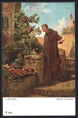 Künstler-AK Carl Spitzweg: romantischer Mönch riecht an blühenden Rosen