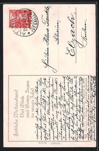 Künstler-AK Matthäus Schiestl: Maria mit Jesuskind in einem Holzhaus im Schnee