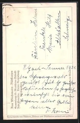 Künstler-AK Matthäus Schiestl: Wintermärchen, Junge trägt Kerze durch den Schnee