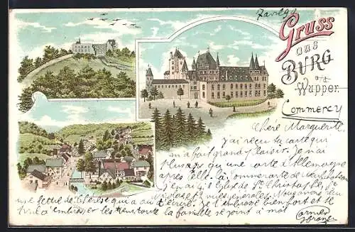 Lithographie Burg /Wupper, Ruine, Schloss, Ortspartie