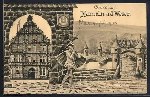 AK Hameln a. d. Weser, Rattenfängerhaus, Passepartout mit Rattenfänger