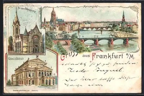 Lithographie Frankfurt /Main, Peterskirche, Opernhaus und Mainansicht