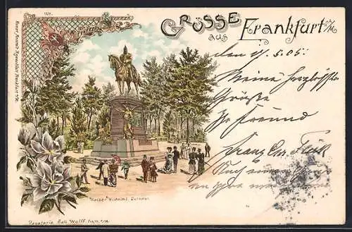 Lithographie Frankfurt a. M., Kaiser Wilhelm I. Denkmal mit Besuchern, Blumen-Rahmen