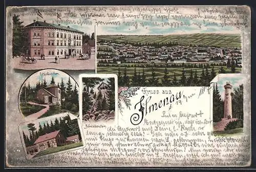 Lithographie Ilmenau, Hotel zur Tanne, Göthehäuschen, Kickelhahn, Totalansicht