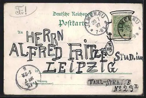 Lithographie Ilmenau, Hotel zur Tanne, Göthehäuschen, Kickelhahn, Totalansicht