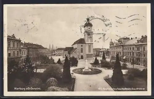 AK Marburg a. Drau, Domplatz mit Dom u. Denkmal aus der Vogelschau