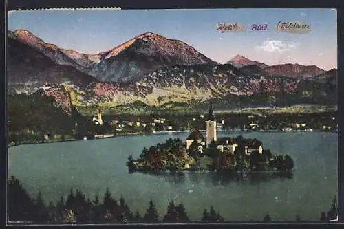AK Bled-Veldes, Ortspanorama mit vorgelagerter Insel