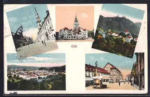 AK Cilli, Strassenpartien, Totalansicht, Blick zur Burg