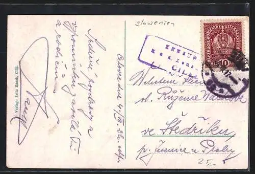 AK Cilli, Strassenpartien, Totalansicht, Blick zur Burg