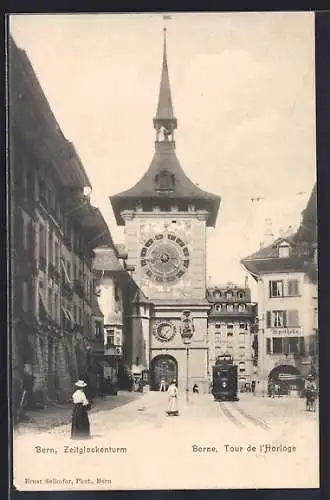 AK Bern, Zeitglockenturm mit Strassenbahn