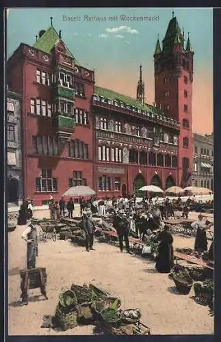 AK Basel, Rathaus mit Wochenmarkt