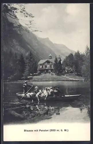 AK Kandergrund, Blick auf die Pension Blausee, Leute im Ruderboot