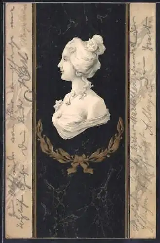 AK Schöne Frauenbüste mit goldenen Ornamenten im Jugendstil