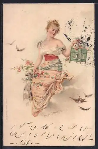 Lithographie Hübsche Dame lässt Vögel aus dem Käfig