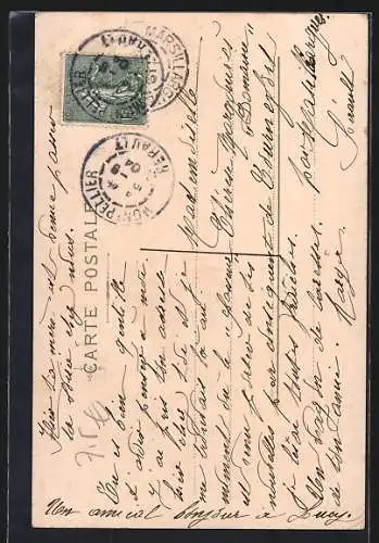 Lithographie Winter, Maid mit Pelz, Allegorie