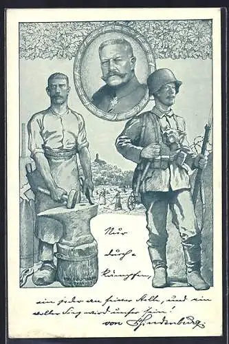 AK Portrait Paul von Hindenburg, Soldat mit Gewehr & Schmied am Ambos