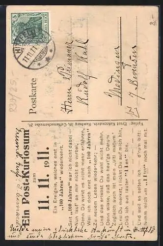 AK Postbriefkasten mit Abholungszeiten, Datum 11.11.1911, Hamburg 11