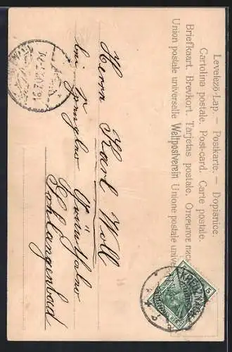 Lithographie Vögel sitzen in einem goldenen Baum, Jugendstil