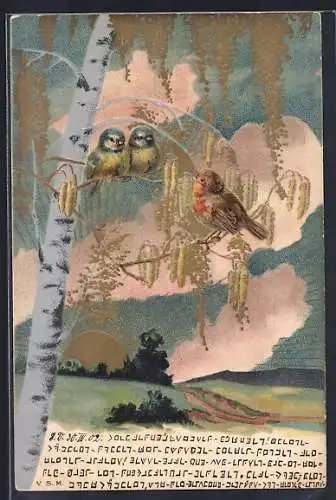 Lithographie Singvögel auf einer Birke, Jugendstil