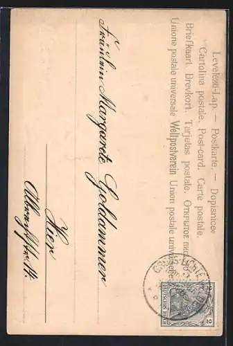 Lithographie Singvögel auf einer Birke, Jugendstil