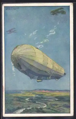 Künstler-AK Hans Rudolf Schulze: Zeppelin in Begleitung zweier Flugzeuge