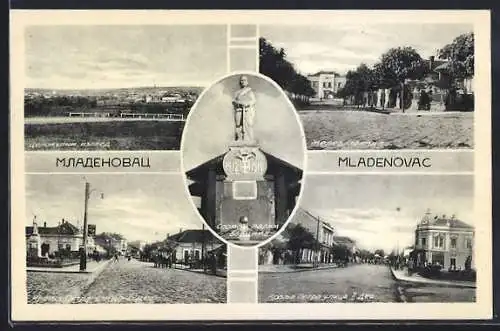 AK Mladenovac, Kriegerdenkmal, Kralja Petra-Strasse, Totalansicht