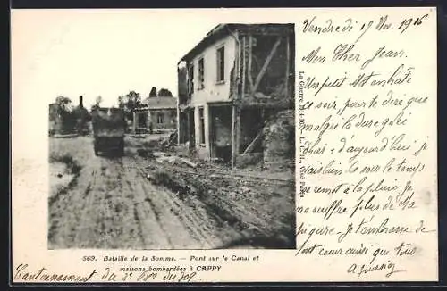 AK Cappy, Bataille de la Somme, Pont sur le canal et maisons bombardées