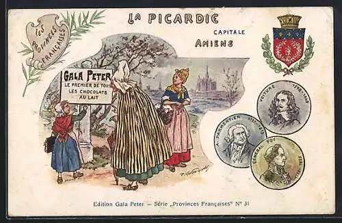 AK Amiens, La Picardie avec personnages en costumes traditionnels et médaillons historiques