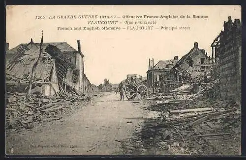 AK Flaucourt, Rue principale après l`offensive franco-anglaise de la Somme