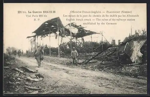 AK Flaucourt, Les ruines de la gare après l`offensive franco-anglaise