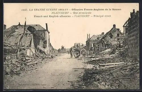 AK Flaucourt, Rue principale après l`offensive franco-anglaise de la Somme 1914-17