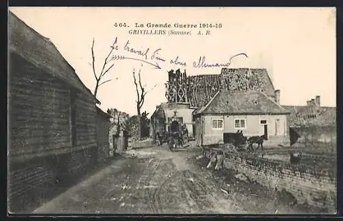 AK Grivillers, La Grande Guerre 1914-15, Le travail d`un obus allemand