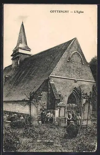 AK Cottenchy, L`Église et ses environs avec habitants devant l`entrée
