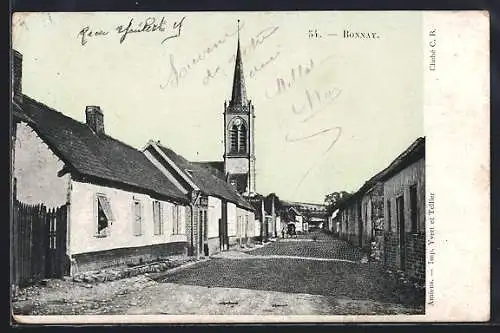 AK Bonnay, Vue de la rue principale avec l`église au fond