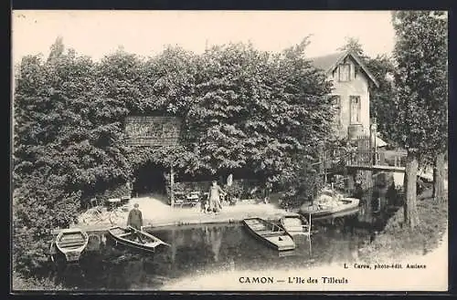 AK Camon, L`Île des Tilleuls avec barques et végétation luxuriante