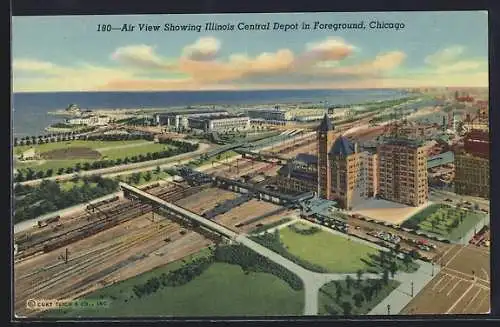 AK Chicago, IL, Air View Showing Illinois Central Depot in Foreground