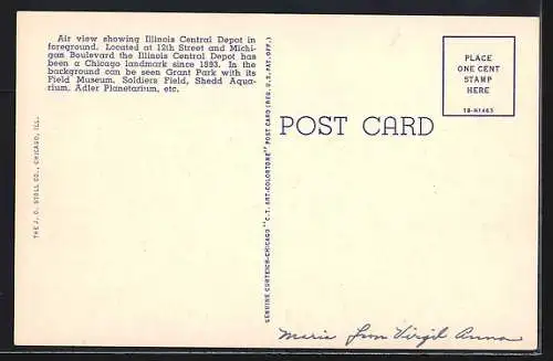 AK Chicago, IL, Air View Showing Illinois Central Depot in Foreground