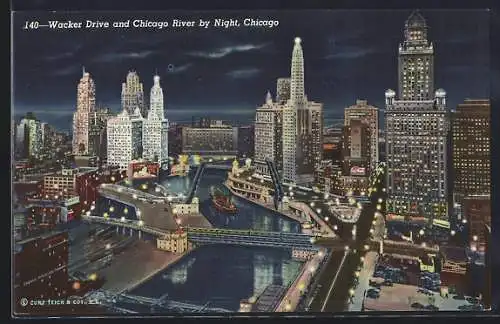 AK Chicago, IL, Wacker Drive and Chicago River by Night