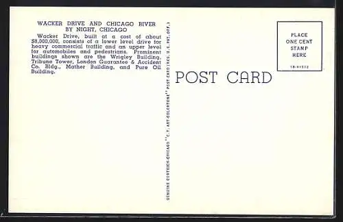 AK Chicago, IL, Wacker Drive and Chicago River by Night