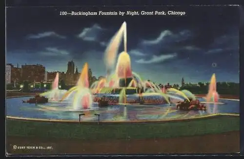 AK Chicago, IL, Grant Park, Buckingham Fountain by Night