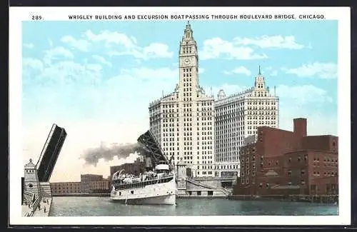 AK Chicago, IL, Wrigley Building and Excursion Boat Passing through Boulevard Bridge