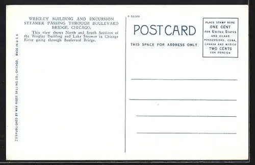 AK Chicago, IL, Wrigley Building and Excursion Boat Passing through Boulevard Bridge