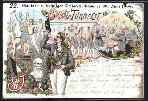 Lithographie Porträt von Turnvater Jahn, Gruss vom Turnfest, Gut Heil