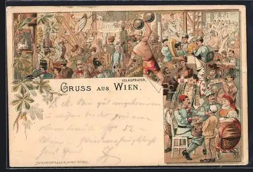 Lithographie Wien, Prater, Chaotische Szene mit Gewichtheber