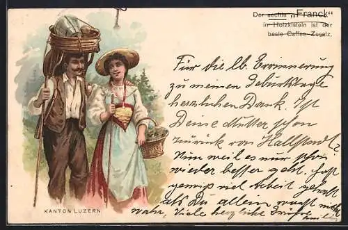 Lithographie Bauer und Bäuerin aus dem Kanton Luzern, Kaffee-Zusatz Aechter Franck