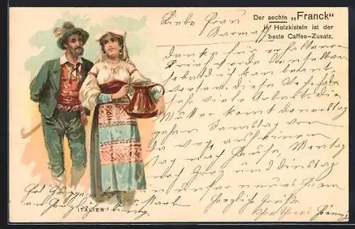 Lithographie Paar aus Italien in Tracht, Kaffee-Zusatz Aechter Franck