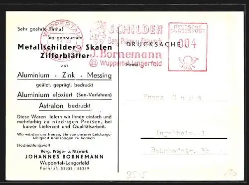 AK Wuppertal-Langerfeld, Metallschilder, Berg. Präge- und Ätzwerl Johannes Bornemann, Reklame